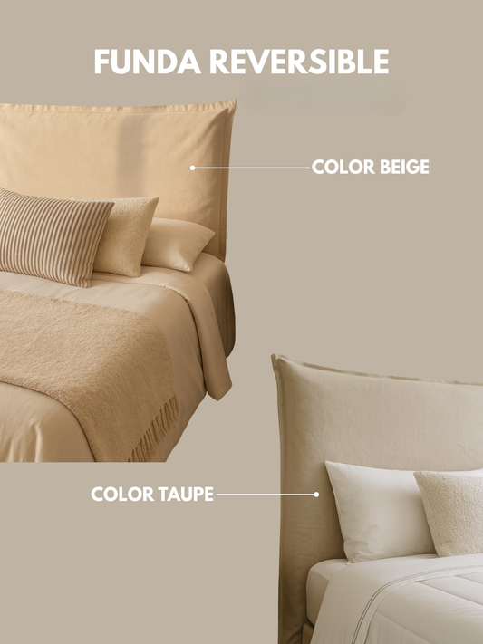 Respaldo de Cama con Funda Intercambiable y Reversible – Modelo Pestaña en Lino Taupe & Beige