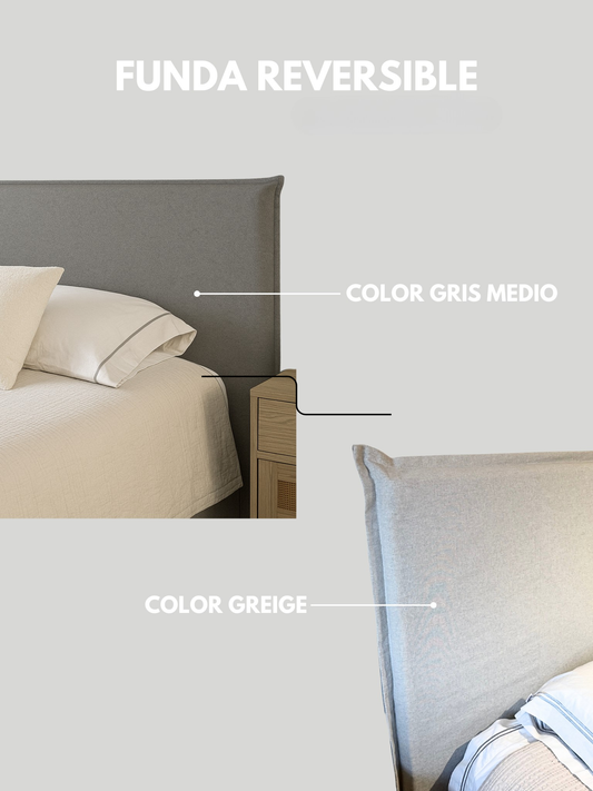 Respaldo de Cama con Funda Intercambiable y Reversible – Modelo Pestaña en Lino Gris Medio & Greige