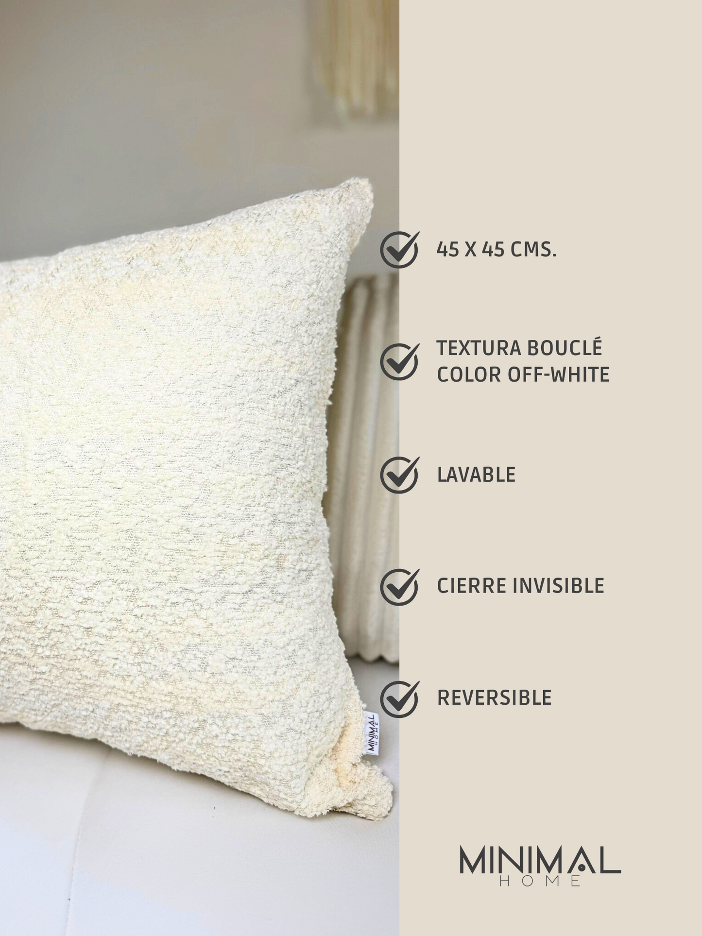 Funda de Almohada Cojín Bouclé Crema (Reversible) 45 X 45