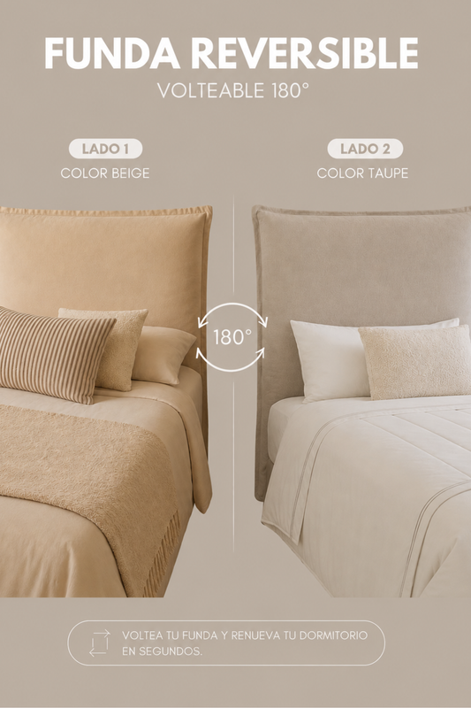 Respaldo de Cama con Funda Intercambiable y Reversible – Modelo Pestaña en Lino Taupe & Beige