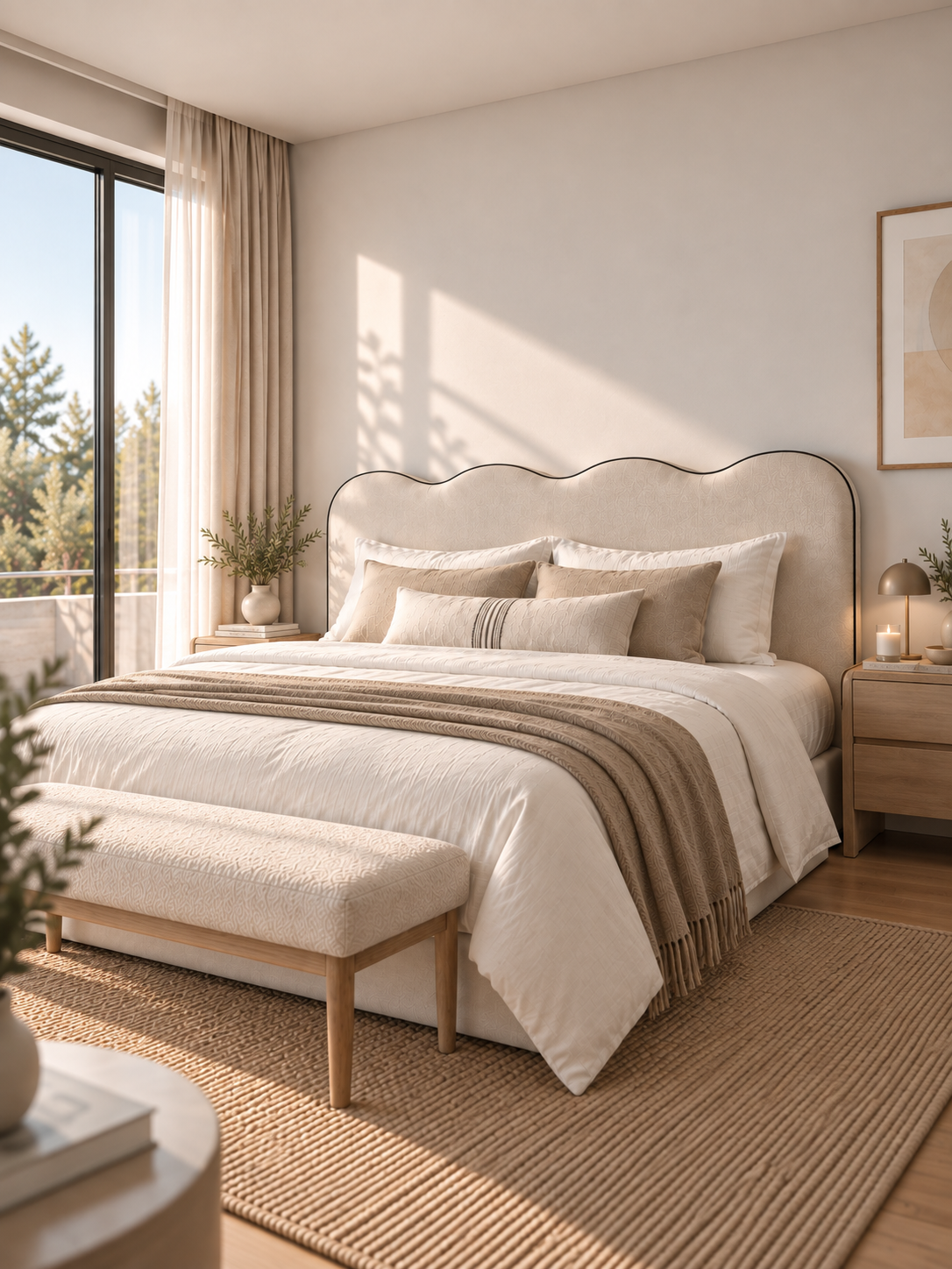 Respaldo Riva Beige con vivo Negro, vista lateral en dormitorio