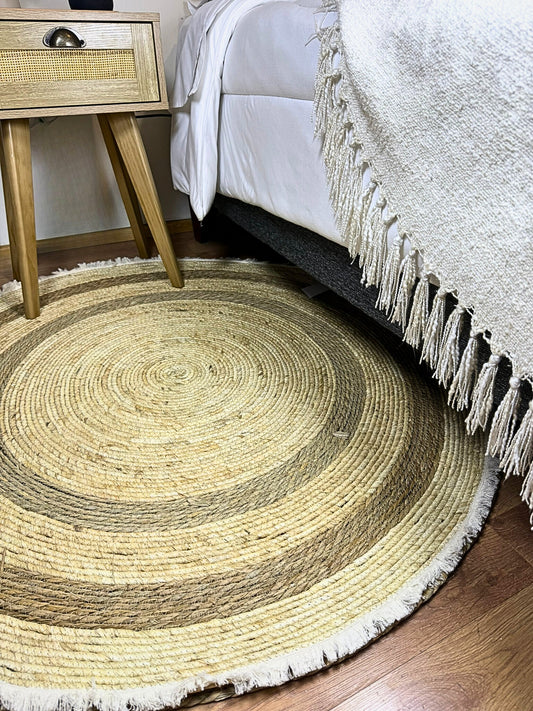 Alfombra Redonda de Yute Natural Bicolor Macramé 120 cms. Diámetro