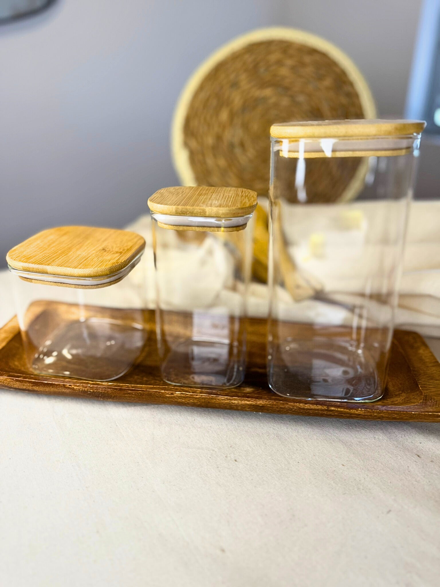 Set de 3 Frascos Cuadrados (800ml.|800 ml|1650ml.) Vidrio Templado Hermético Transparente Tapa Bamboo