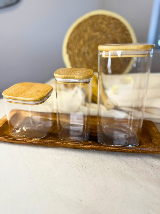 Set de 3 Frascos Cuadrados (800ml.|800 ml|1650ml.) Vidrio Templado Hermético Transparente Tapa Bamboo