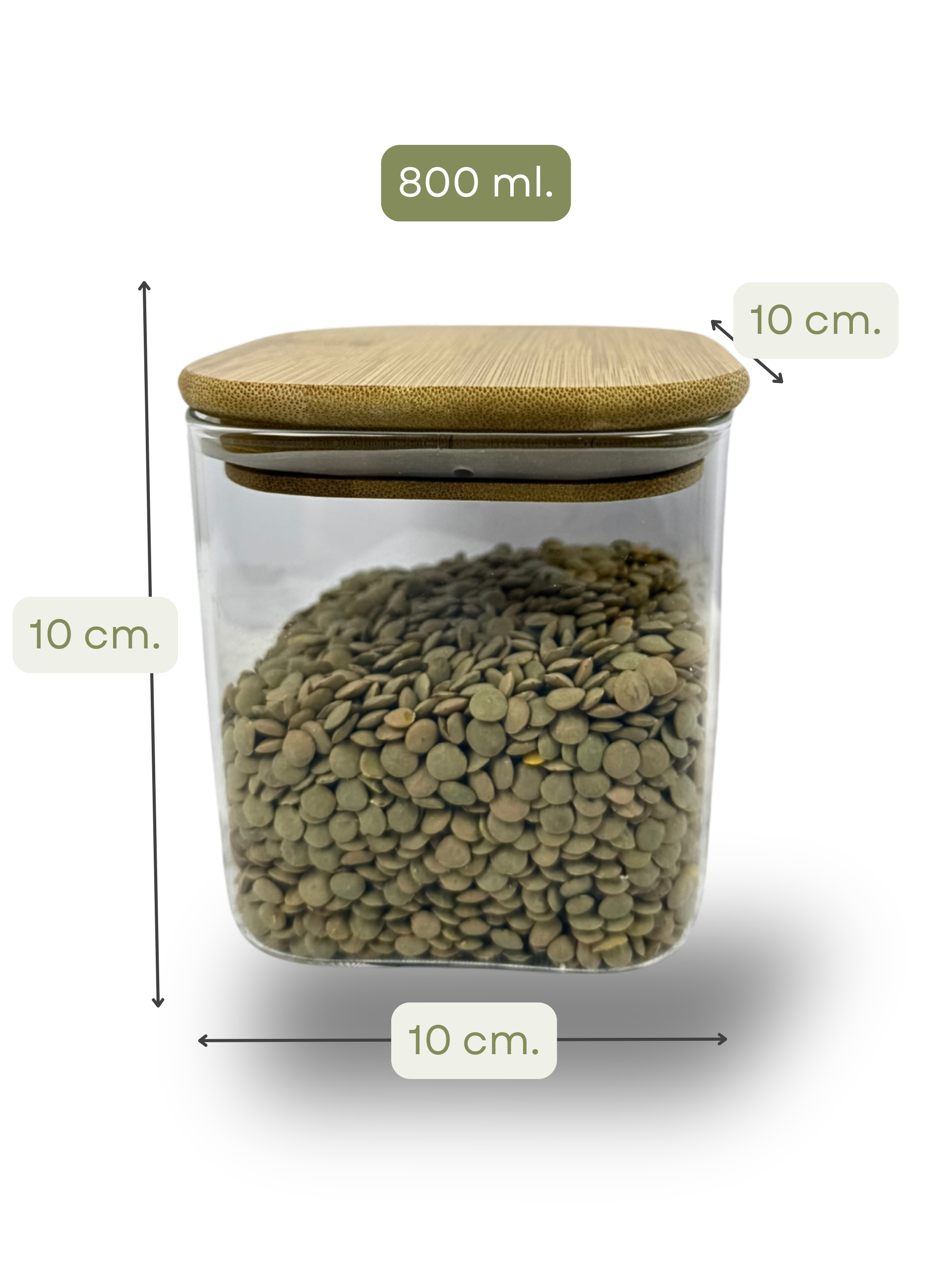 Set de 3 Frascos Cuadrados (800ml.|800 ml|1650ml.) Vidrio Templado Hermético Transparente Tapa Bamboo