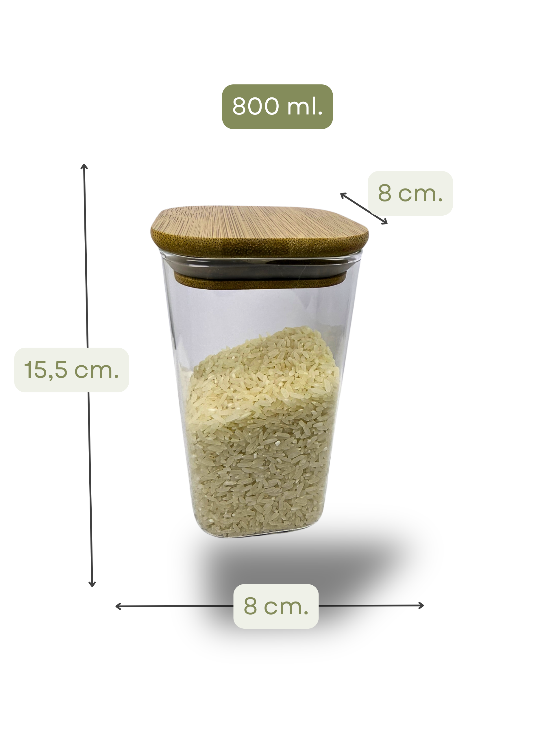 Set de 3 Frascos Cuadrados (800ml.|800 ml|1650ml.) Vidrio Templado Hermético Transparente Tapa Bamboo