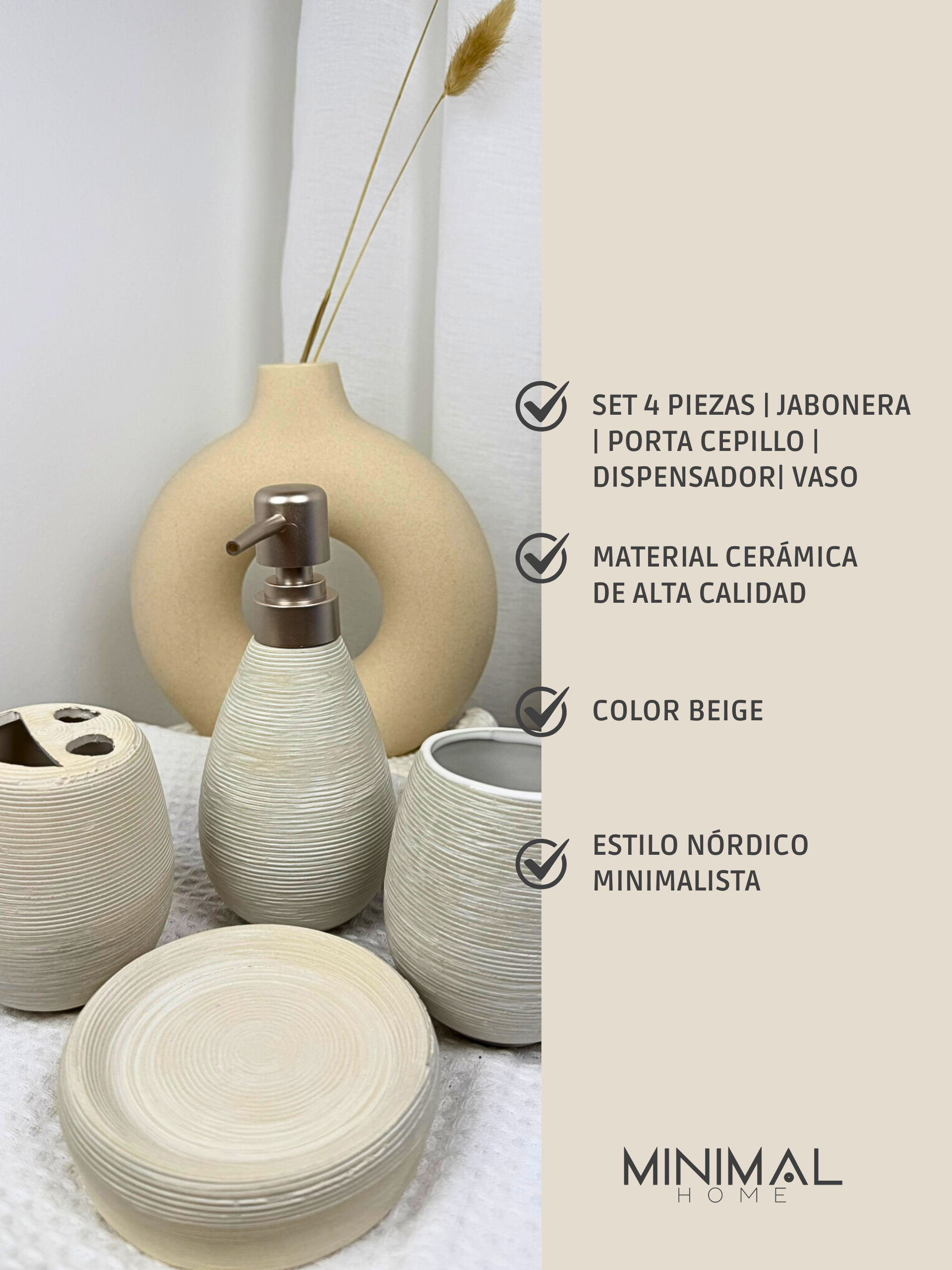 Set de Baño 4 Piezas Cerámica color Beige estilo Nórdico