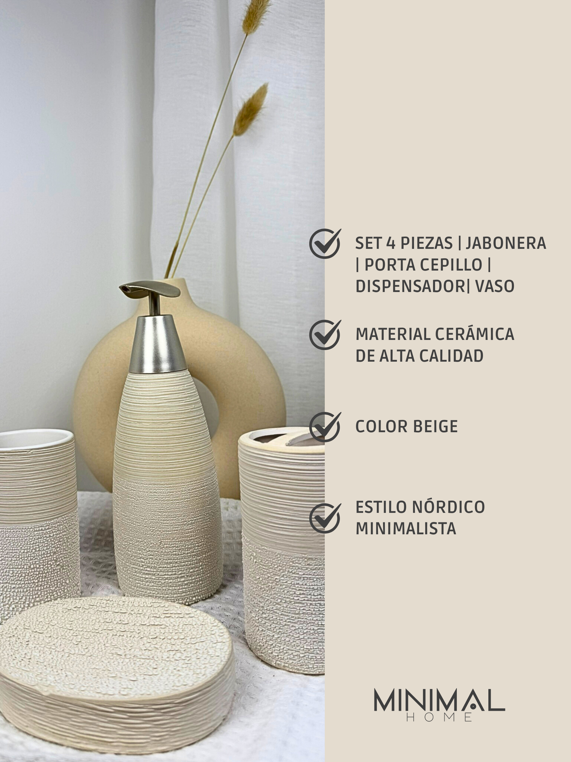 Set de Baño 4 Piezas Cerámica color Beige estilo Nórdico