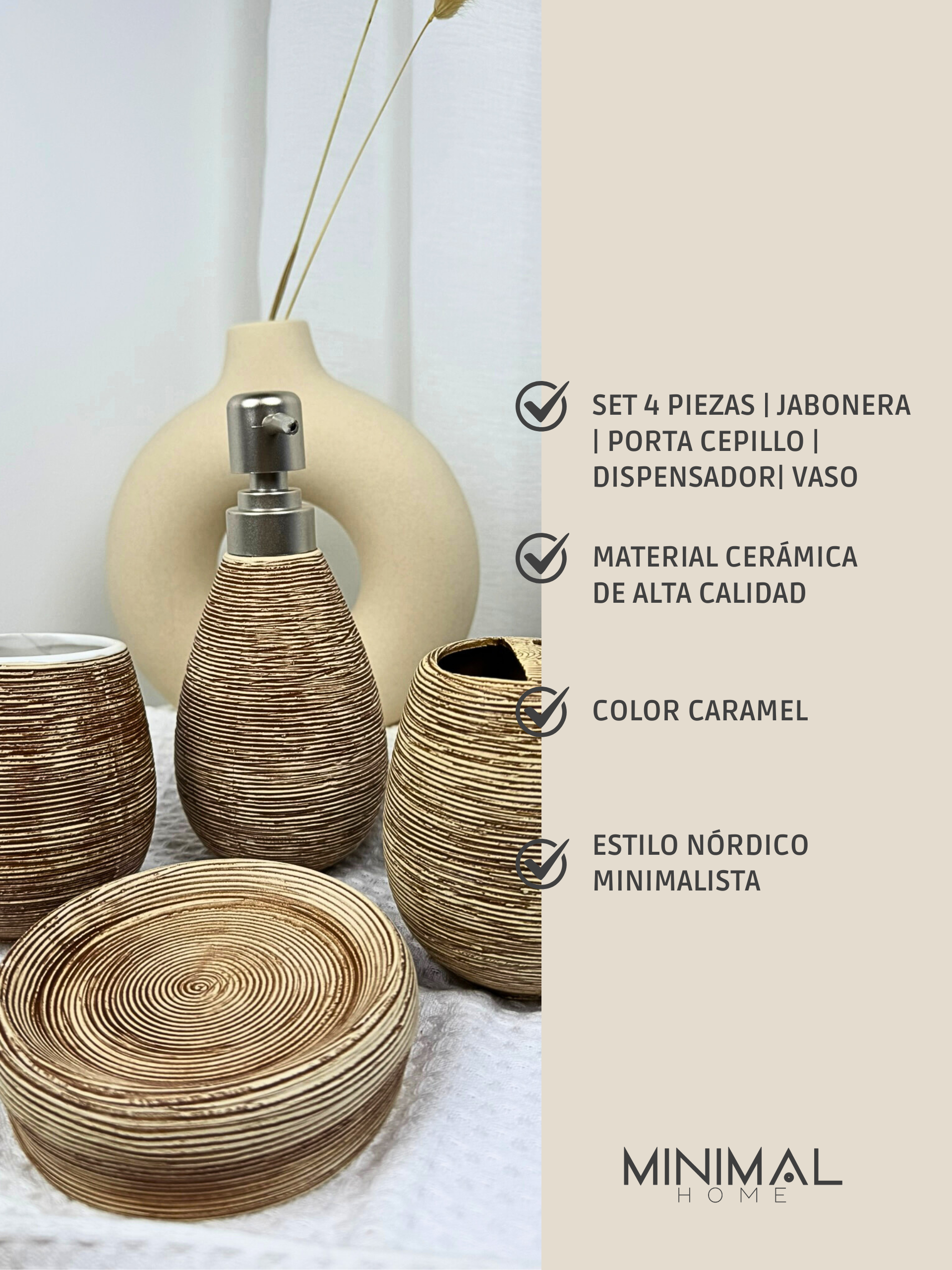 Set de Baño 4 Piezas Cerámica color Caramel estilo Nórdico