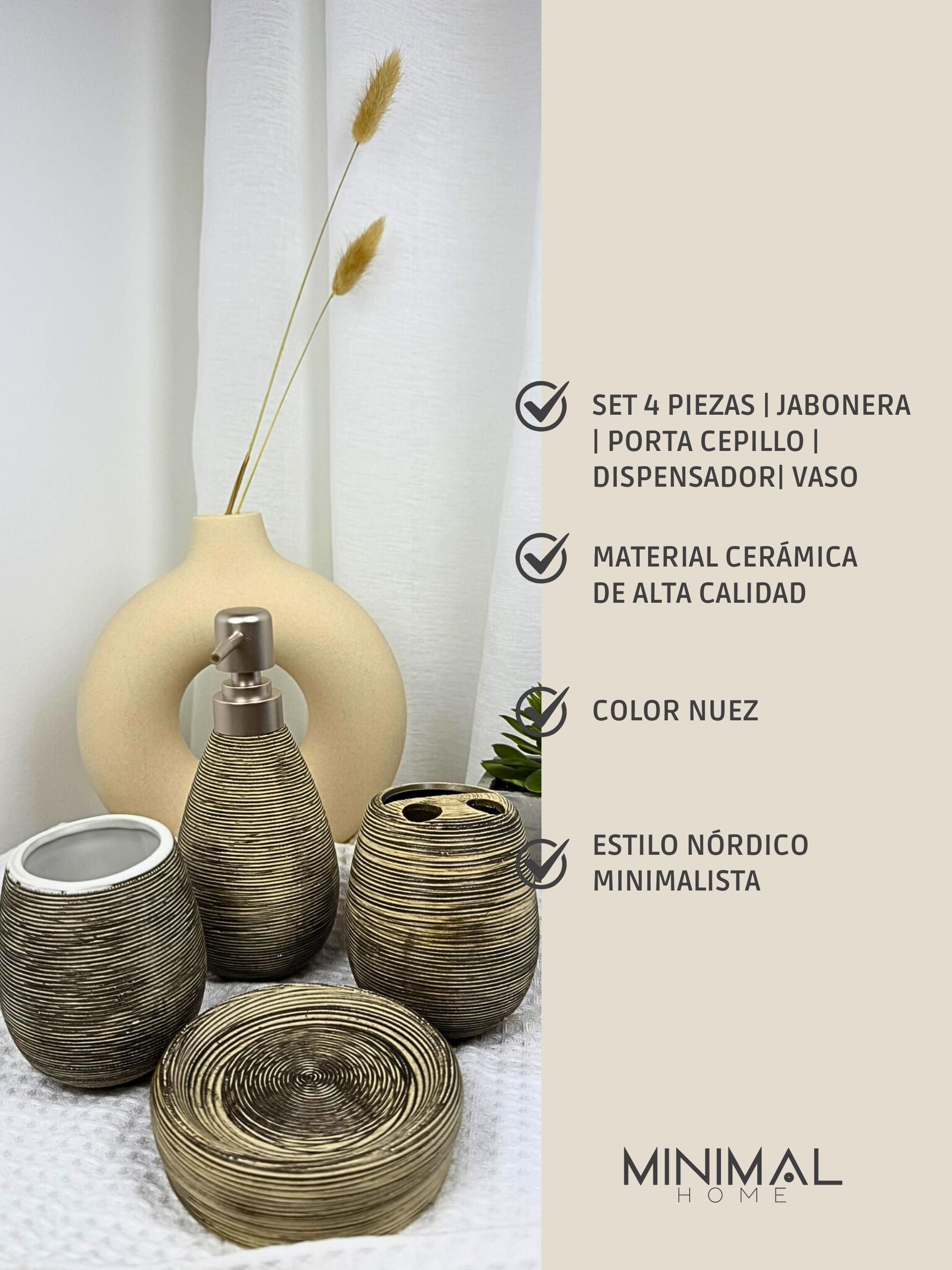 Set de Baño 4 Piezas Cerámica color Nuez estilo Nórdico
