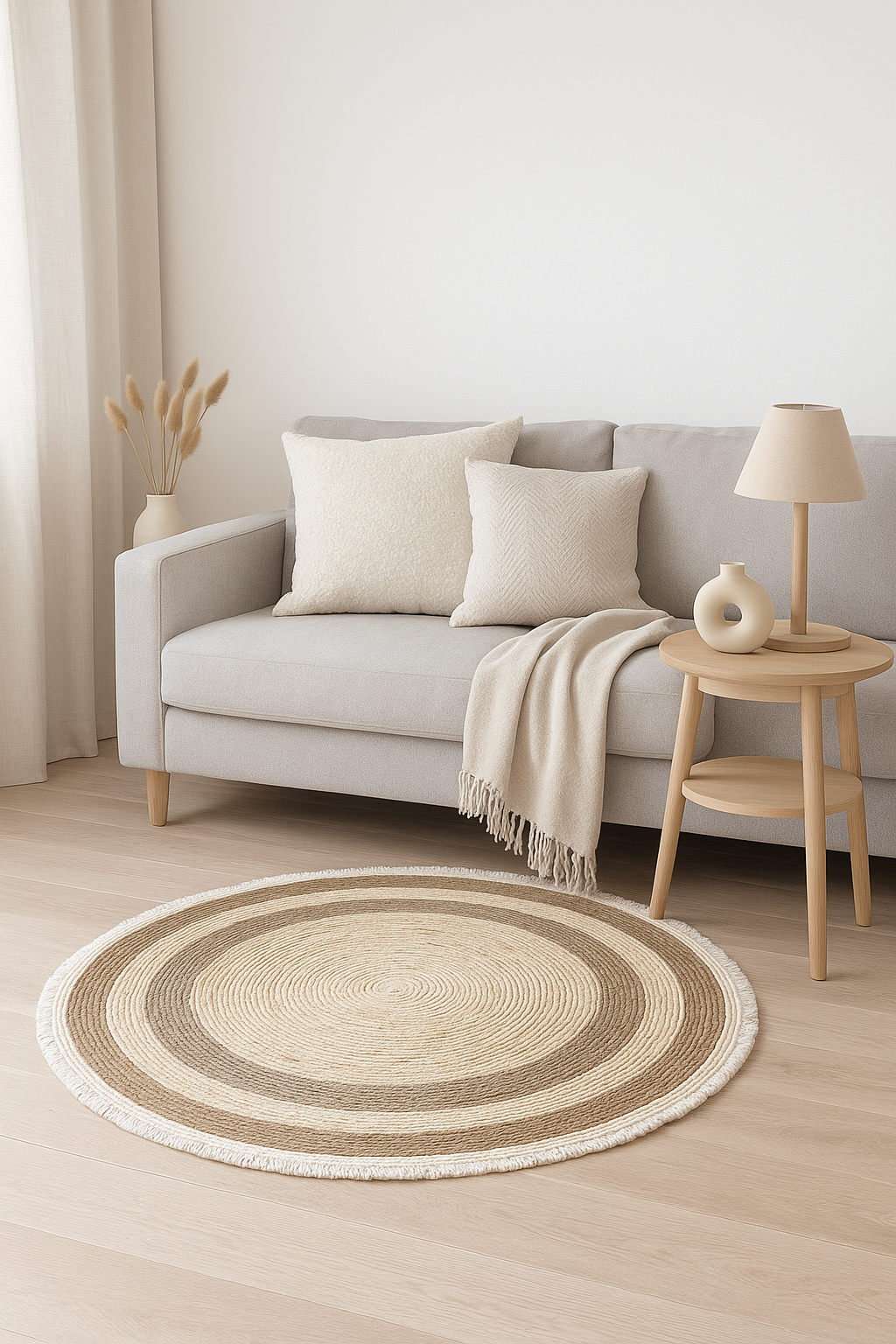 Alfombra Redonda de Yute Natural Bicolor Macramé 120 cms. Diámetro
