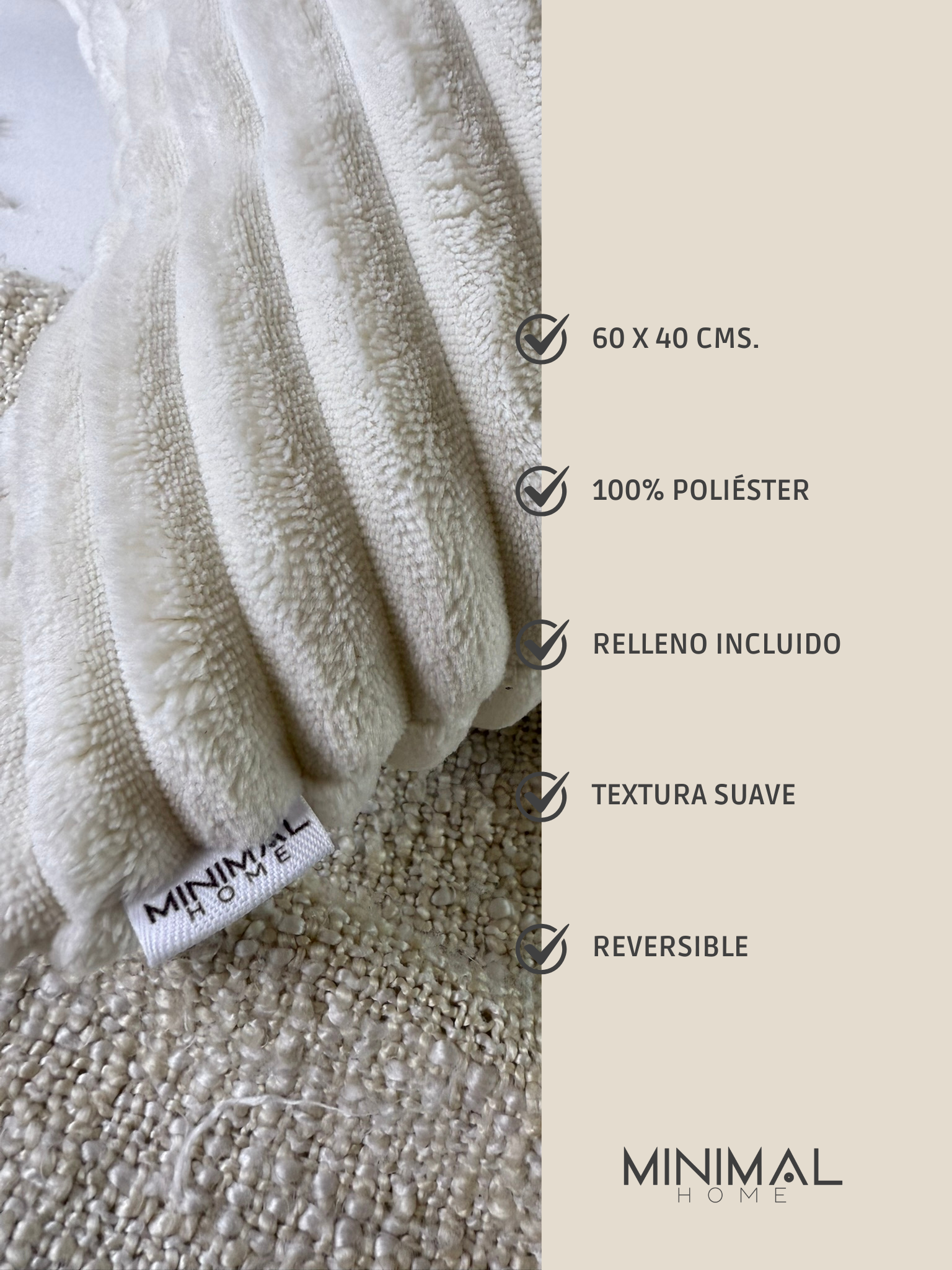 Cojín Almohada Chenille Rayas con Relleno color Off white (Reversible) 60 X 40