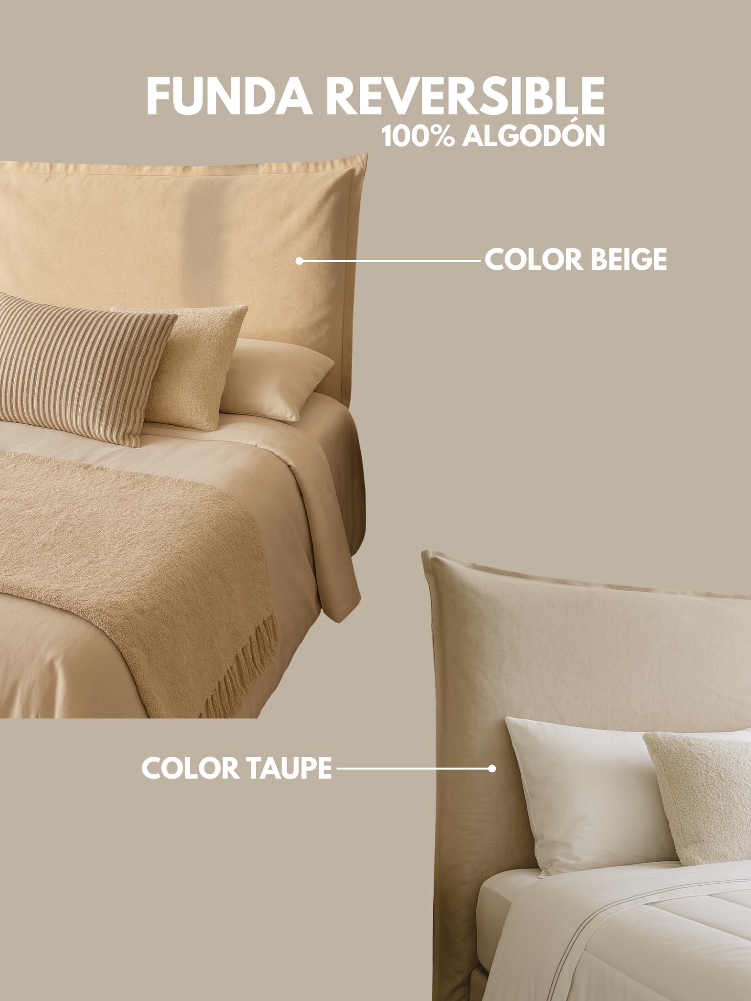 Respaldo de Cama con Funda Intercambiable y Reversible – Modelo Pestaña en Lino Culla Taupe & Beige