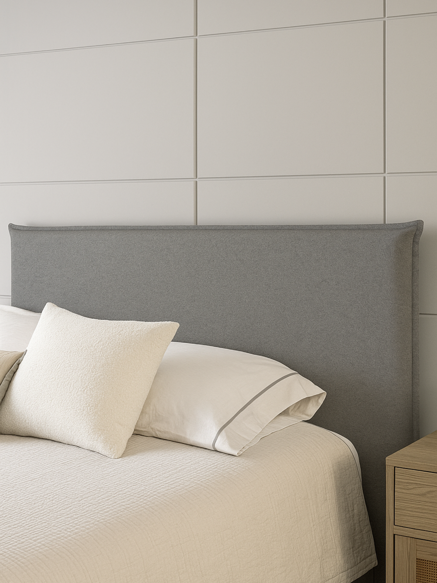 Respaldo de Cama con Funda Intercambiable y Reversible – Modelo Pestaña en Lino Culla Gris Medio & Greige