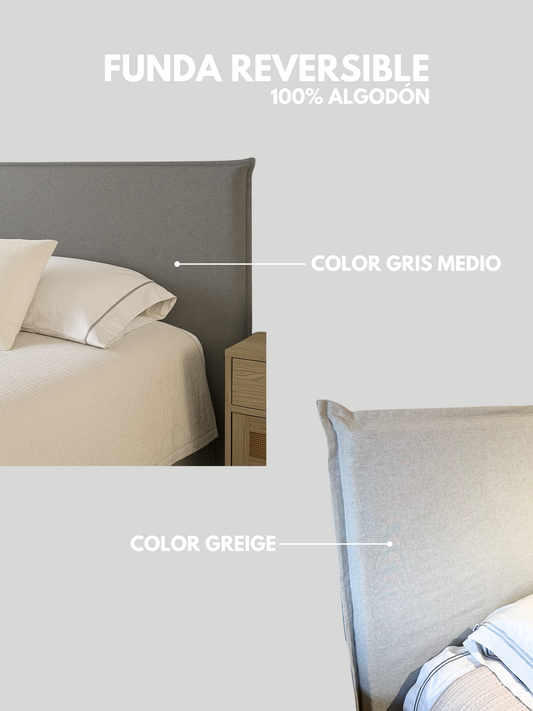 Respaldo de Cama con Funda Intercambiable y Reversible – Modelo Pestaña en Lino Culla Gris Medio & Greige