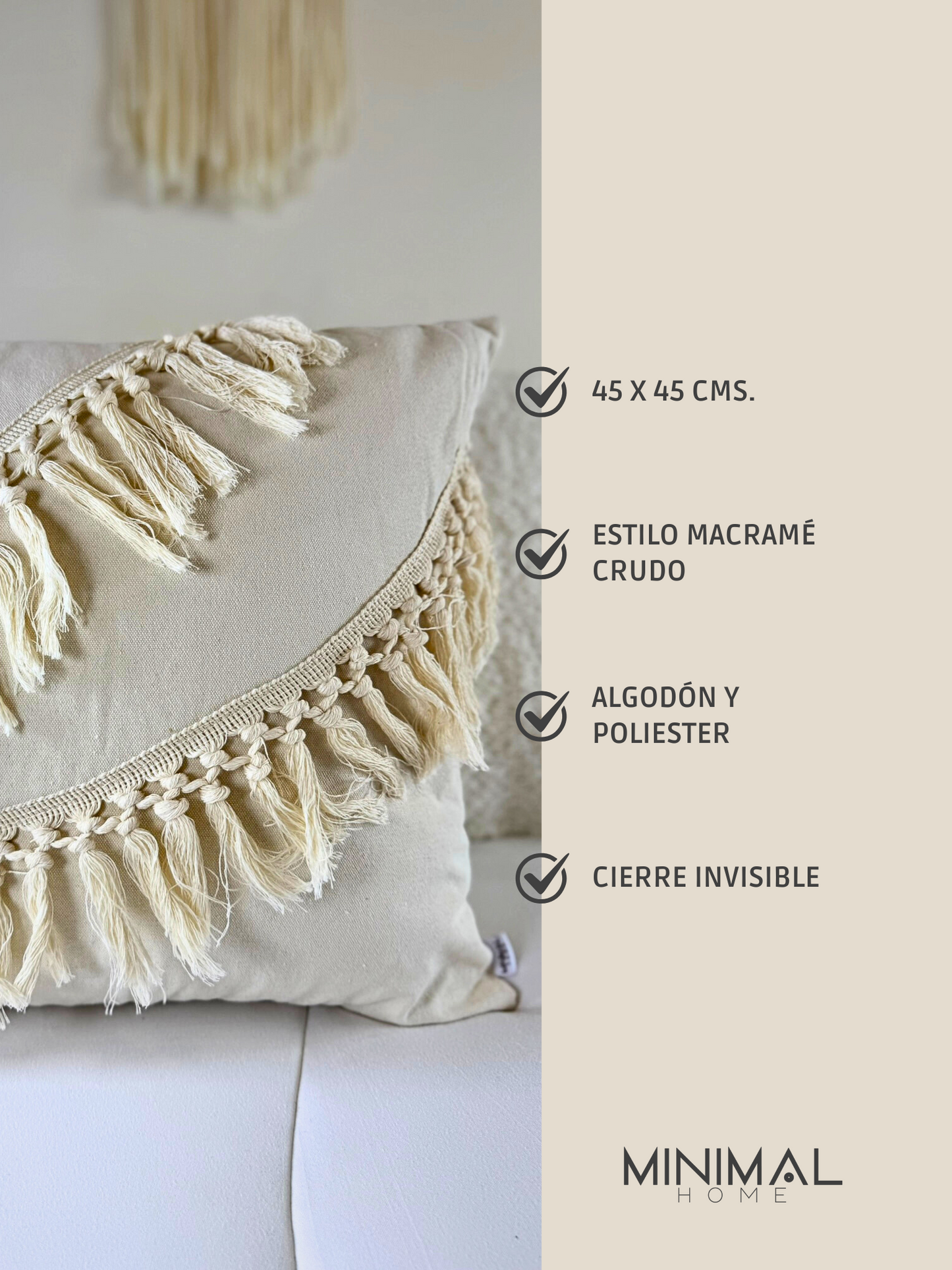 Fundas de Almohada Cojín Algodón/Poliéster estilo Macramé color Crudo 45 X 45