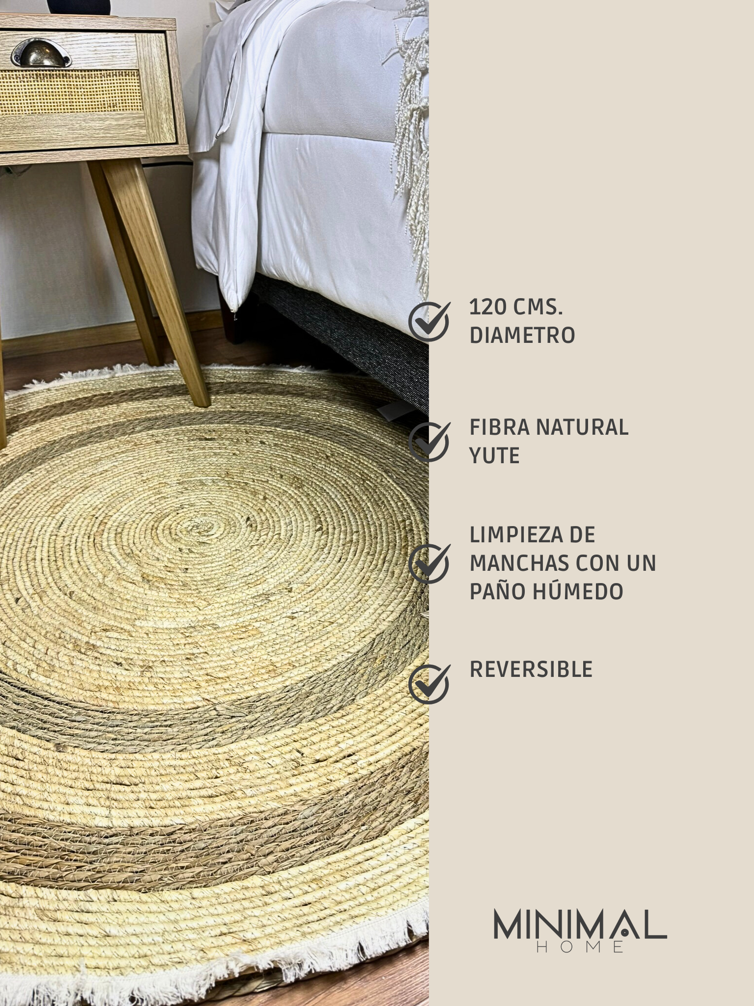 Alfombra Redonda de Yute Natural Bicolor Macramé 120 cms. Diámetro