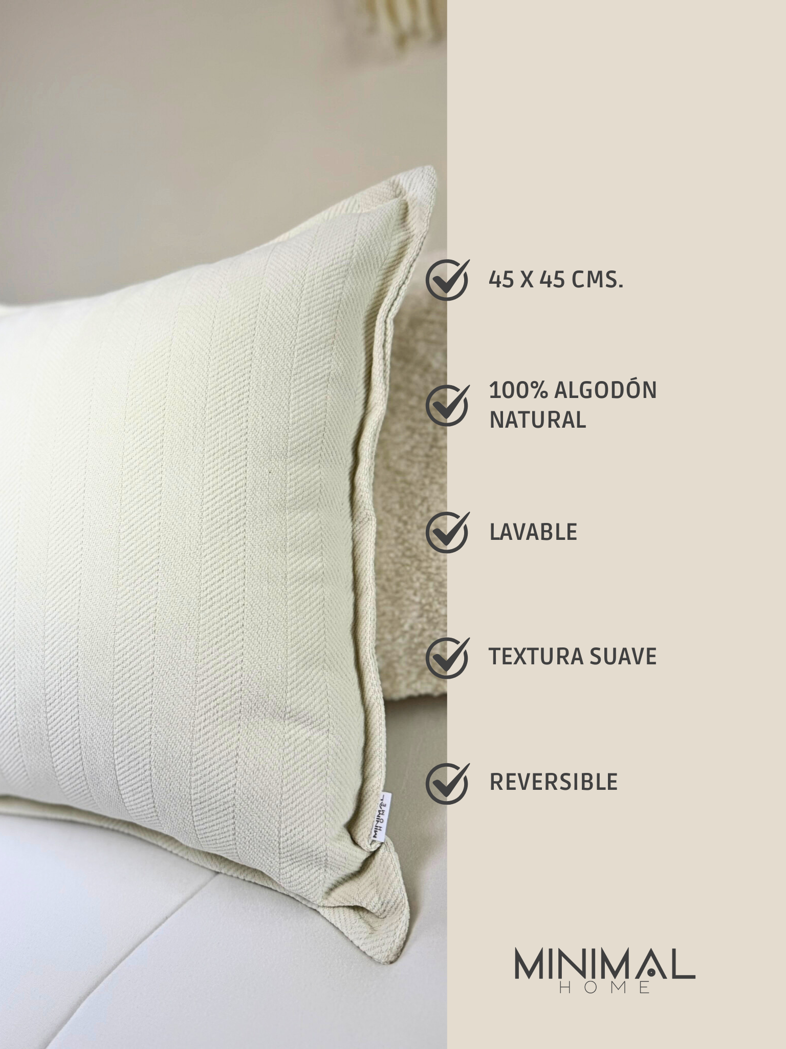 Fundas de Almohada Cojin Bouclé/Chenille Espiga color Crema (Reversible) 45 X 45