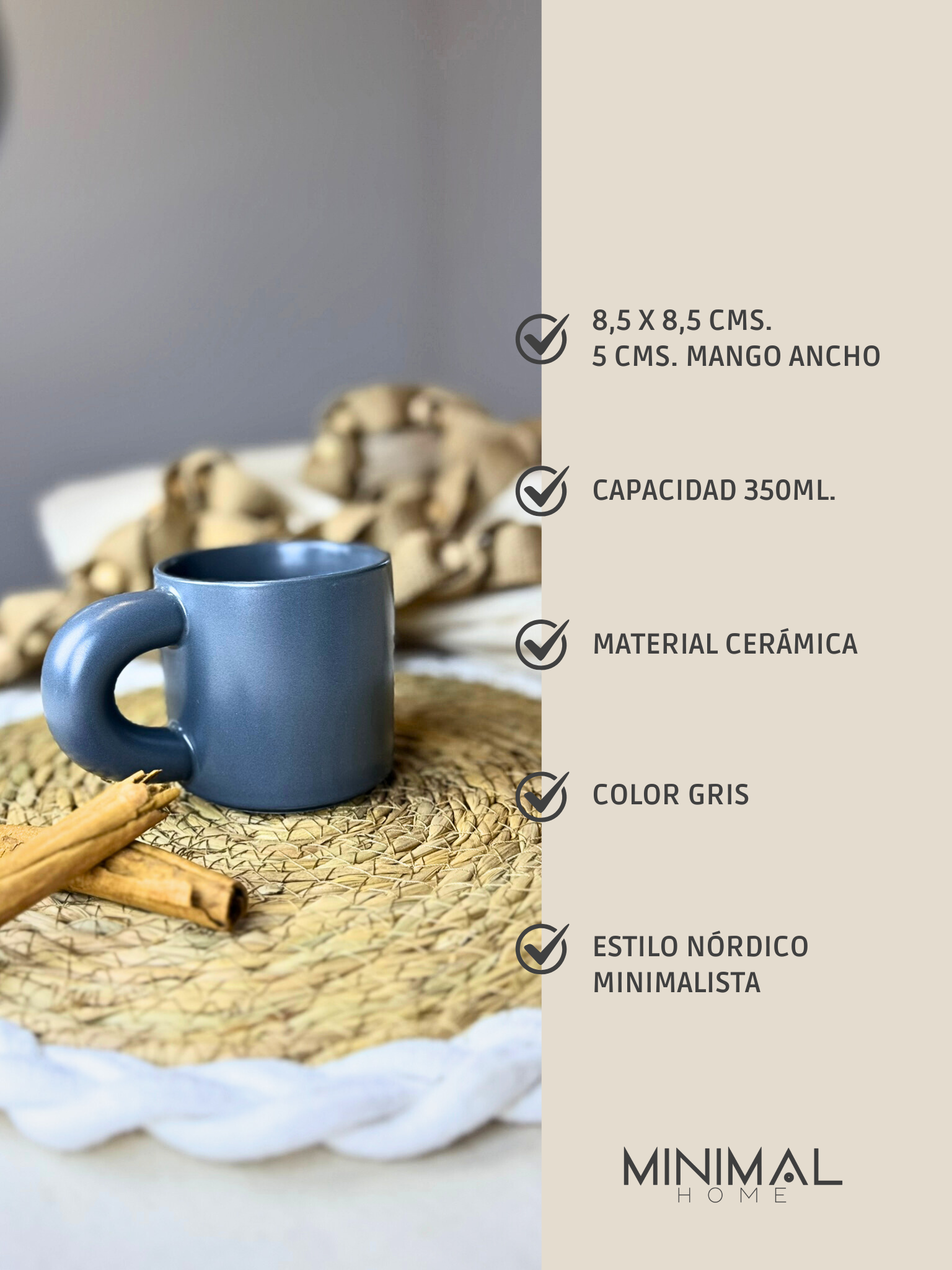 Taza de Cerámica estilo Nórdico Minimalista 350ML Gris