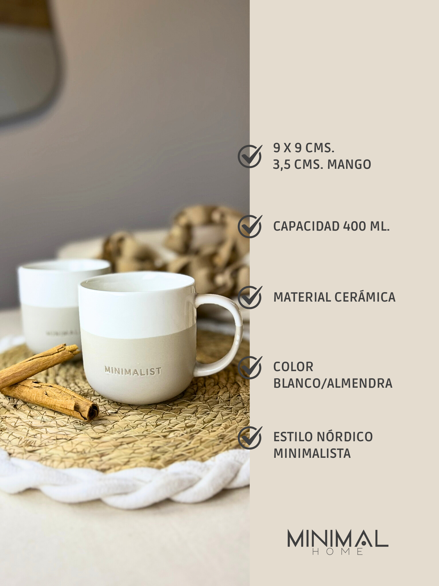 Taza de Cerámica estilo Nórdico Minimalista 400ML Blanco/Crudo