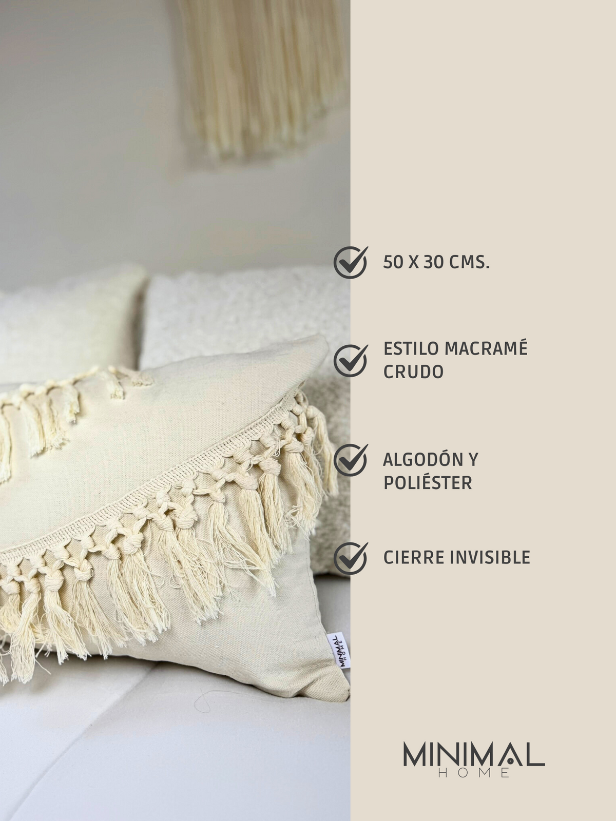 Fundas de Almohada Cojín Algodón/Poliéster estilo Macramé color Crudo 50 X 30