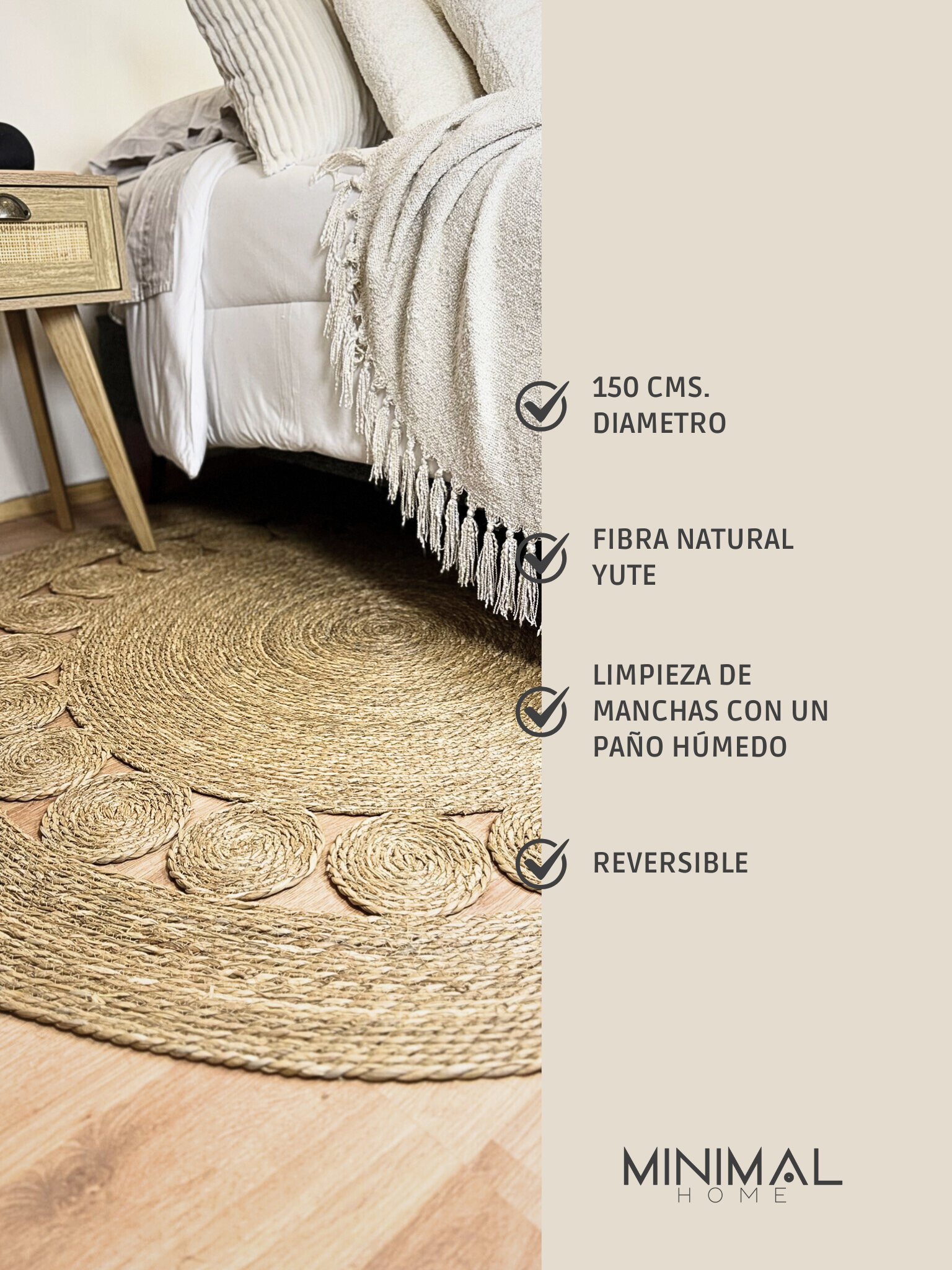 Alfombra Redonda de Yute Natural 150 cms. Diámetro