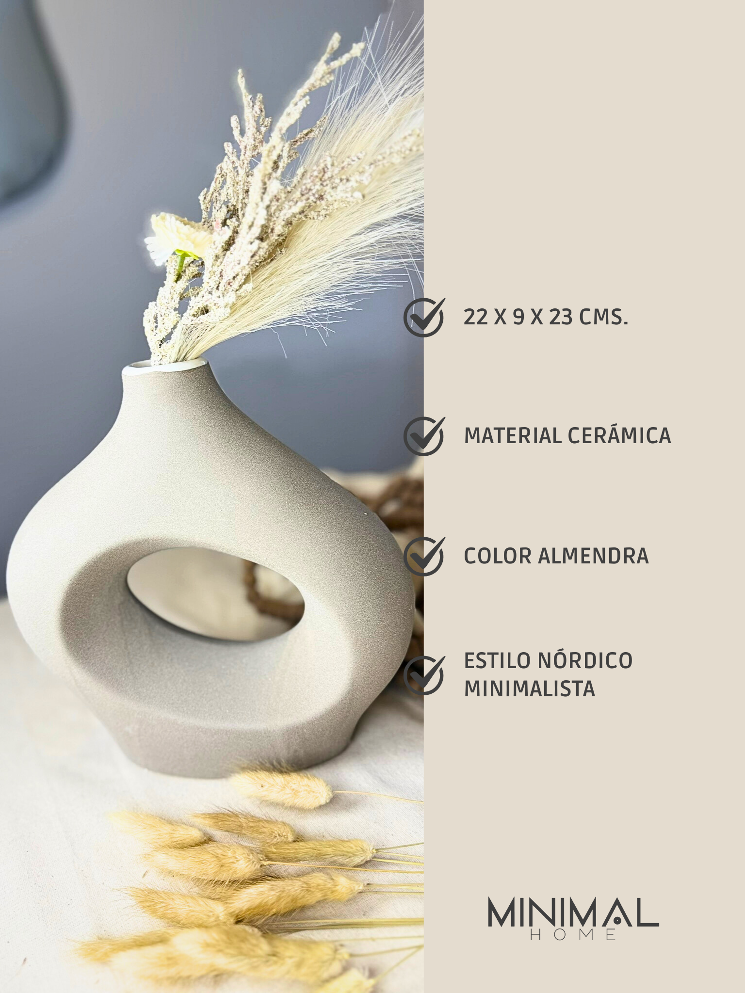 Jarrón Florero Cerámica Ovalado color Almendra estilo Nórdico 22x9x23 cms.