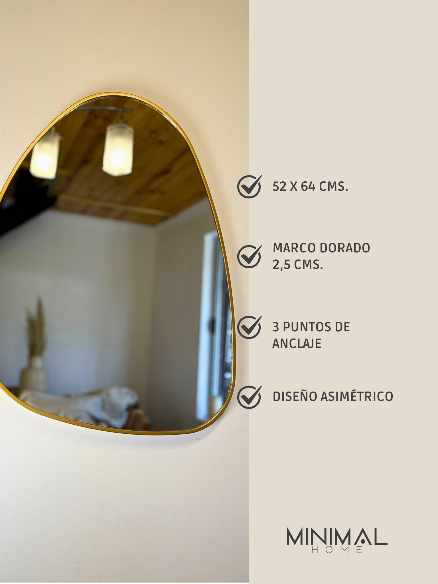 Espejo Irregular Asimétrico de Pared con marco Dorado 52x64cms.