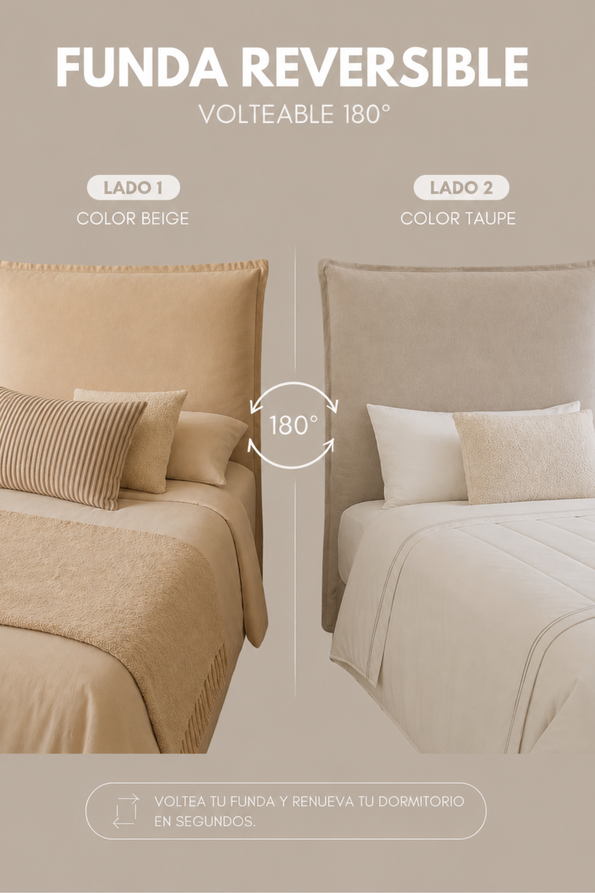 Funda de Respaldo de Cama Reversible– Modelo Pestaña en Lino Taupe & Beige
