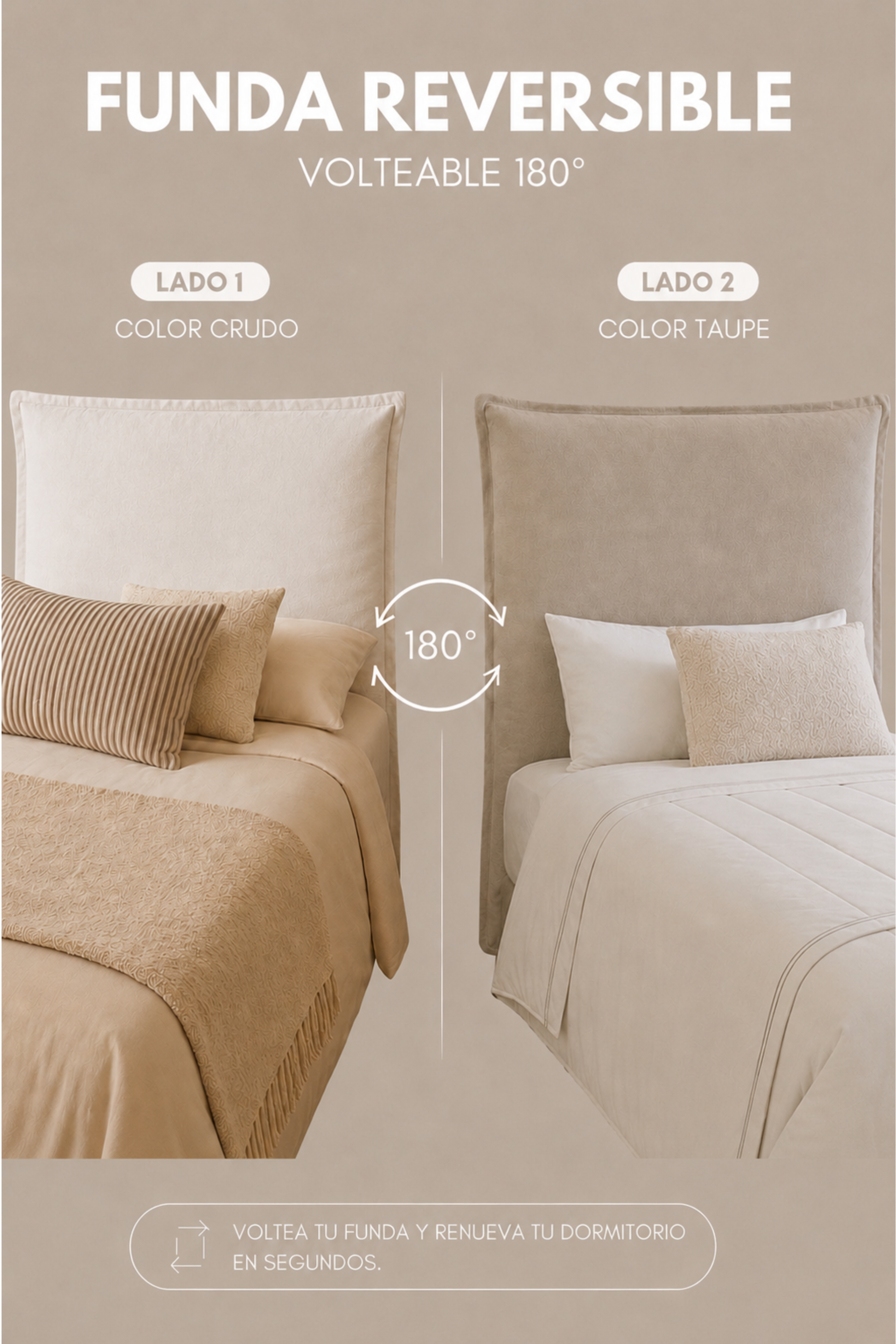 Funda de Respaldo de Cama Reversible – Modelo Pestaña en Crudo & Taupe