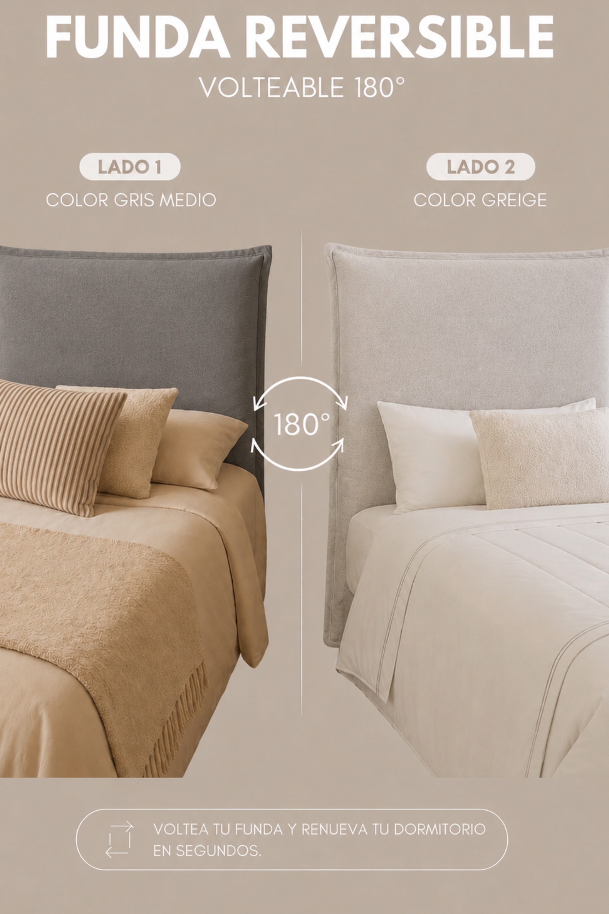 Funda de Respaldo de Cama Reversible – Modelo Pestaña en Gris Medio & Gris Claro