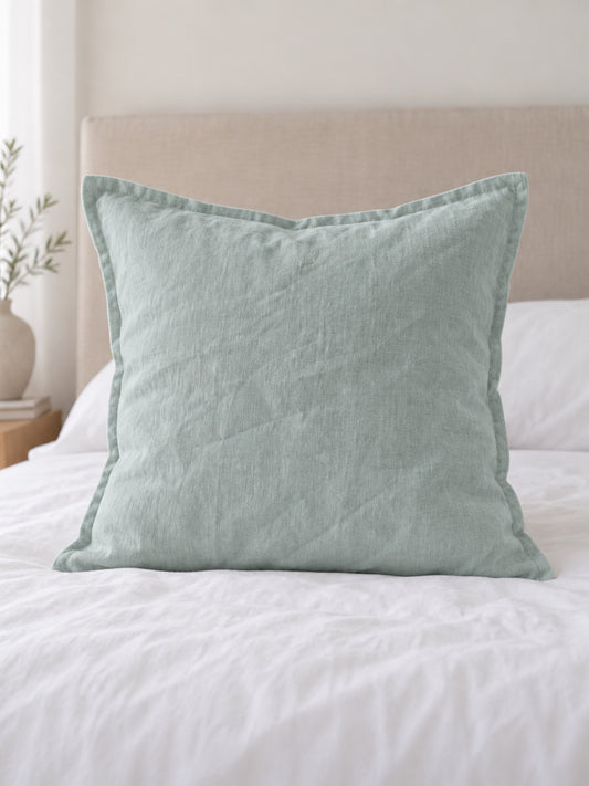 Funda de Cojín Lino Francés 100% natural Modelo Pestaña 60 x 60 cm — Verde Salvia