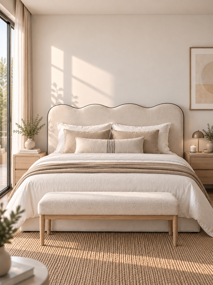 Respaldo Riva Beige con ondas suaves y vivo Negro, vista frontal en dormitorio