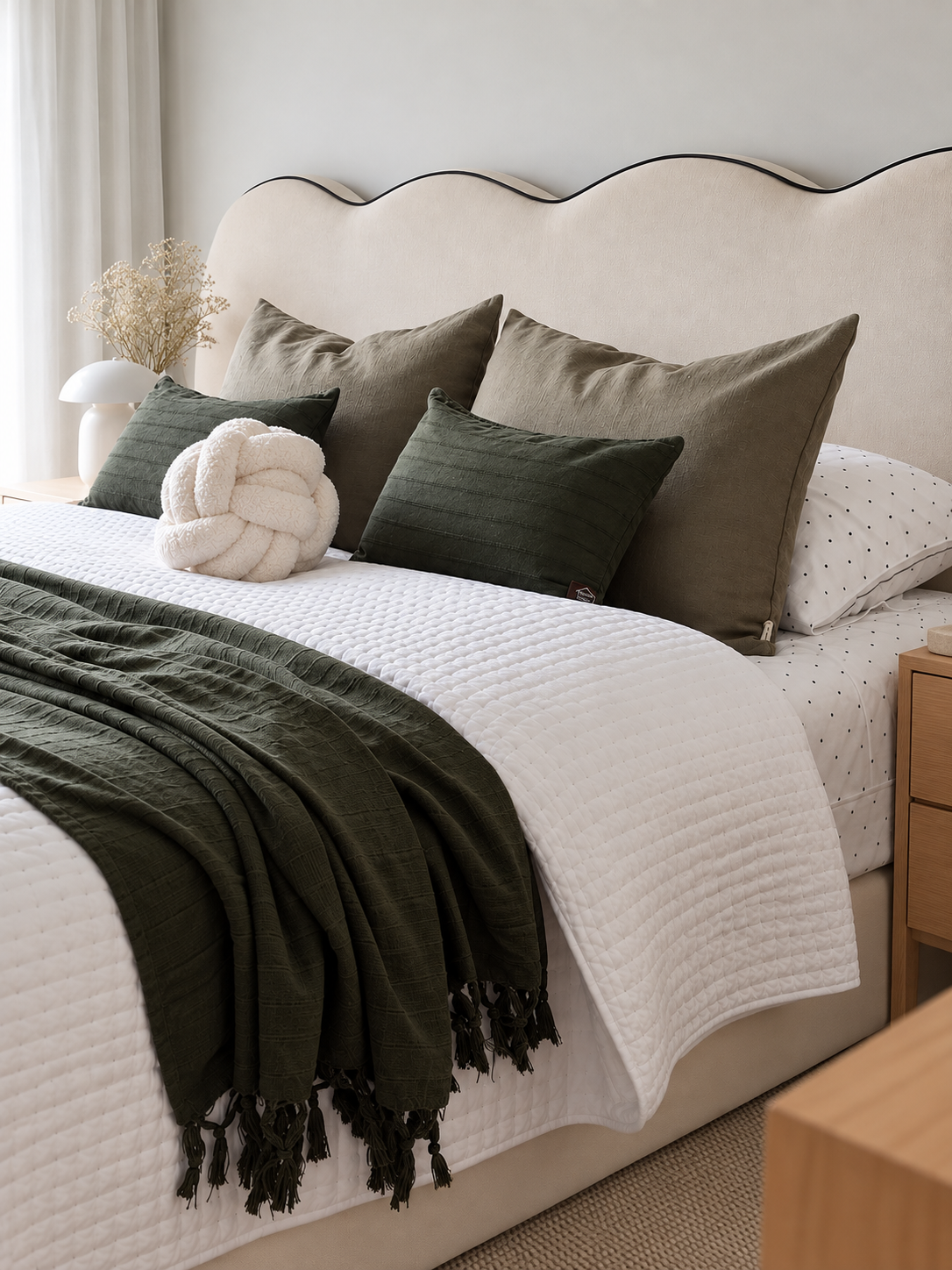 Detalle del respaldo Riva Beige con vivo Negro junto a la cama