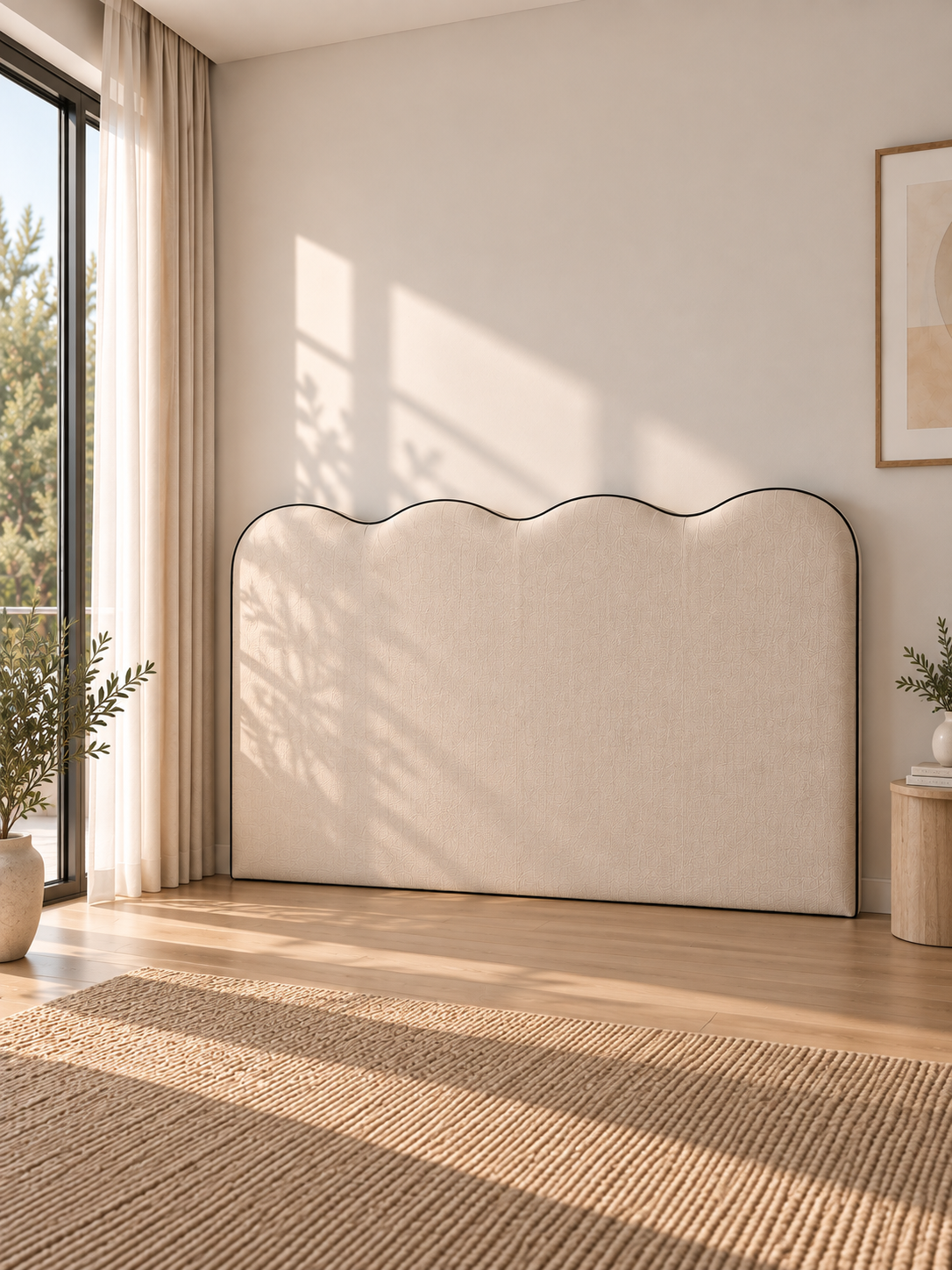 Respaldo Riva Beige sin cama, contorno de ondas suaves y vivo Negro